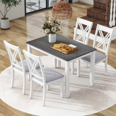 Rustic Minimalist Wood 5-Piece Dining Set with 4 X-Back Chairs, Gray