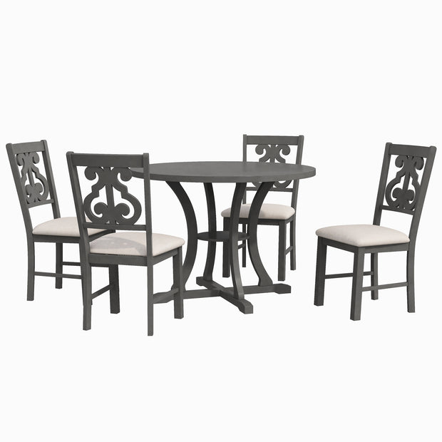 5-Piece Round Dining Set with Special-shaped Legs and an Exquisitely Designed Hollow Chair Back (Gray)