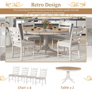 5-Piece Retro Dining Set, Wood Round Extendable Dining Table and 4 Upholstered Dining Chairs (Off White)