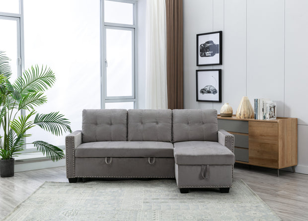 77 Inch Reversible Sleeper Sectional with Storage Chaise, Light Grey