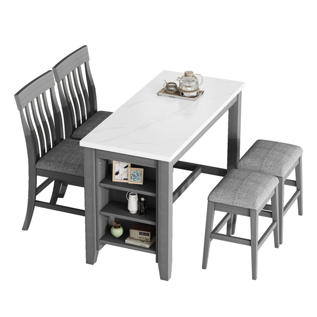 5-piece Counter Height Dining Table Set with Built-in Storage Shelves,Grey