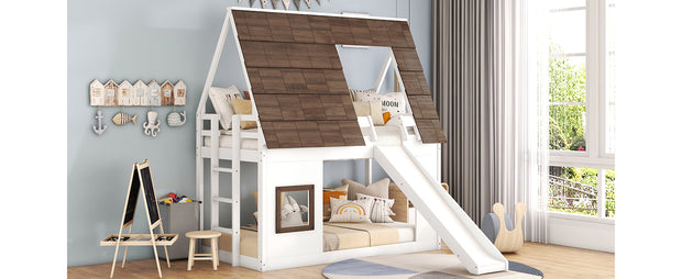 Wood Twin Size House Bunk Bed with Roof, Ladder and Slide, White+Brown