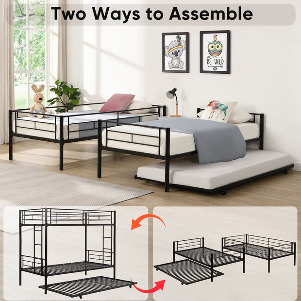 Twin Over Twin Bunk Bed Frame with Trundle. Can be Divided Into Two Beds