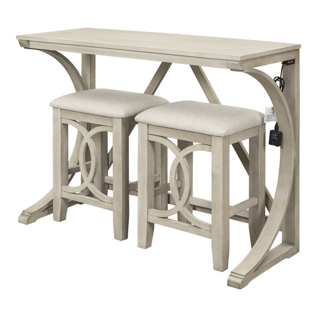 Farmhouse 3-Piece Counter Height Dining/Bar Set with USB Port and Upholstered Stools,Cream