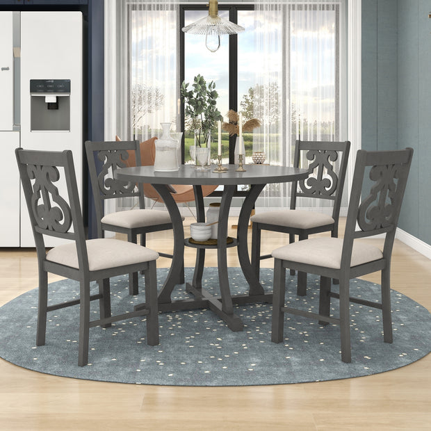 5-Piece Round Dining Set with Special-shaped Legs and an Exquisitely Designed Hollow Chair Back (Gray)