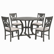 5-Piece Round Dining Set with Special-shaped Legs and an Exquisitely Designed Hollow Chair Back (Gray)