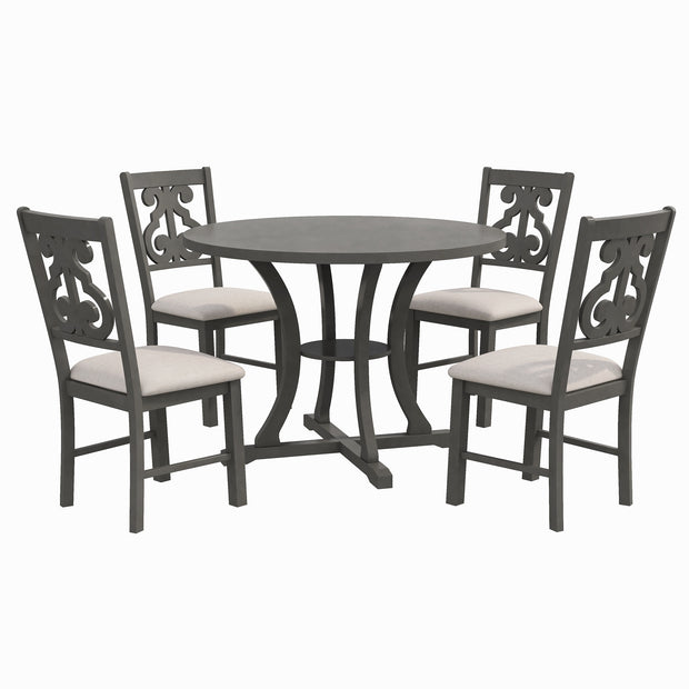 5-Piece Round Dining Set with Special-shaped Legs and an Exquisitely Designed Hollow Chair Back (Gray)