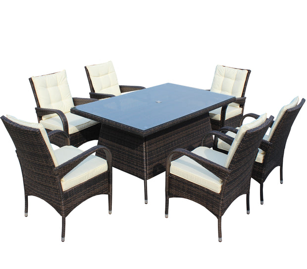 7-Piece Outdoor Dining Set with Table & 6 Chairs (Brown & Beige)