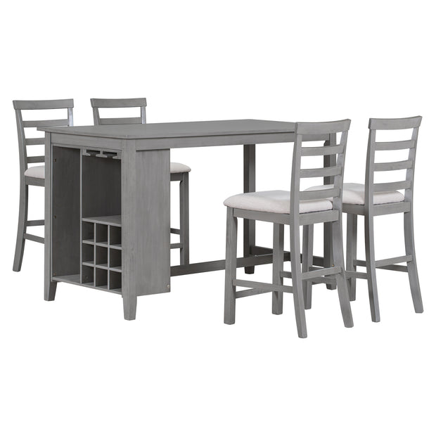 5-Piece Multi-Functional Rubberwood Counter Height Dining Set with Padded  Chairs and Integrated 9 Bar Wine  Compartment, Wineglass Holders  (Gray)