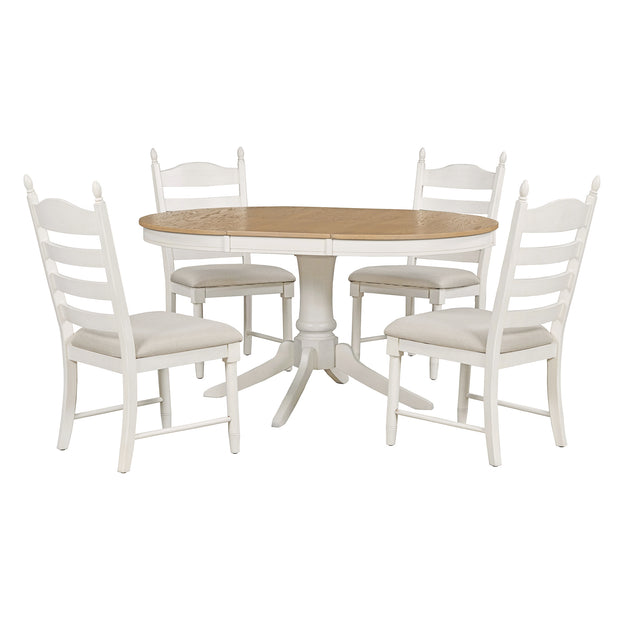 5-Piece Retro Dining Set, Wood Round Extendable Dining Table and 4 Upholstered Dining Chairs (Off White)