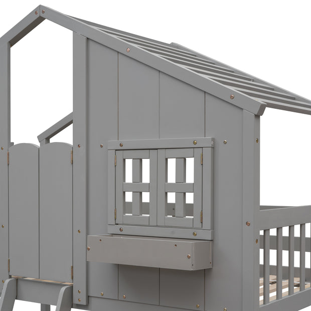 Twin over Twin House Bunk Bed with Roof , Window, Window  Box, Door , with Safety Guardrails and Ladder, Grey