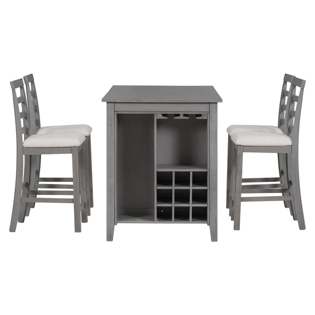 5-Piece Multi-Functional Rubberwood Counter Height Dining Set with Padded  Chairs and Integrated 9 Bar Wine  Compartment, Wineglass Holders  (Gray)