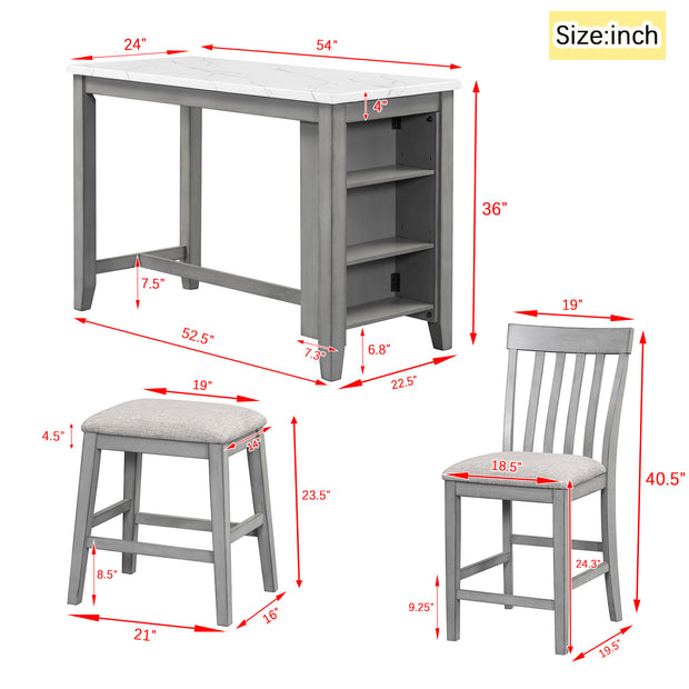 5-piece Counter Height Dining Table Set with Built-in Storage Shelves,Grey