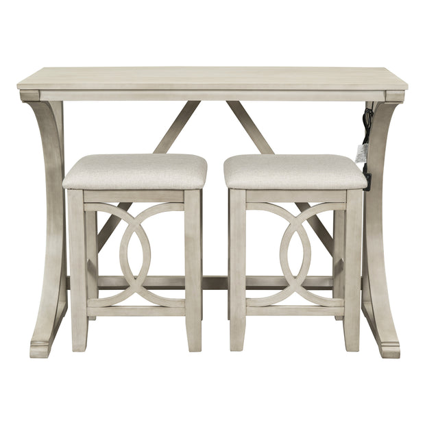 Farmhouse 3-Piece Counter Height Dining/Bar Set with USB Port and Upholstered Stools,Cream