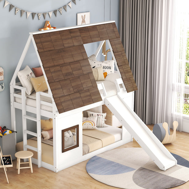 Wood Twin Size House Bunk Bed with Roof, Ladder and Slide, White+Brown