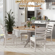 5-Piece Retro Dining Set, Wood Round Extendable Dining Table and 4 Upholstered Dining Chairs (Off White)