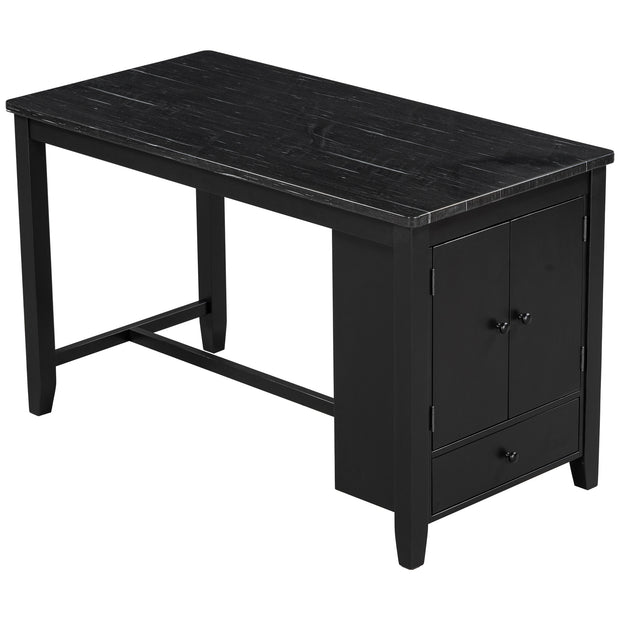 5 Piece Counter Height Dining Set with Faux Marble Tabletop, Solid Wood Table Set with Storage Cabinet and Drawer, Black