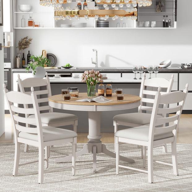 5-Piece Retro Dining Set, Wood Round Extendable Dining Table and 4 Upholstered Dining Chairs (Off White)