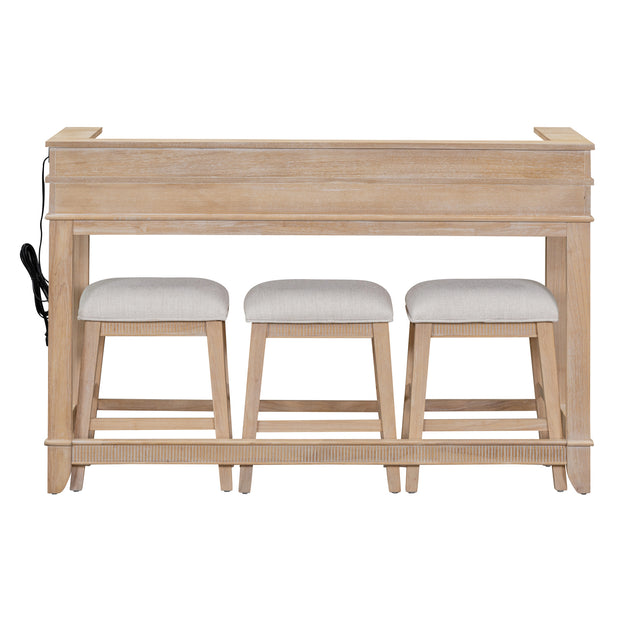 4-piece Dining Bar Set with 3 Upholstered Stools, Multifunctional Dining Table with 3 Drawers (Natural Wood Wash)