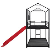 Twin Over Twin Metal Bunk Bed , House With Slide,Three Colors Available.(Black with Red Slide