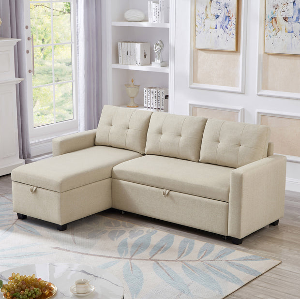 Convertible Sleeper Sectional Sofa with Storage Chaise, Beige