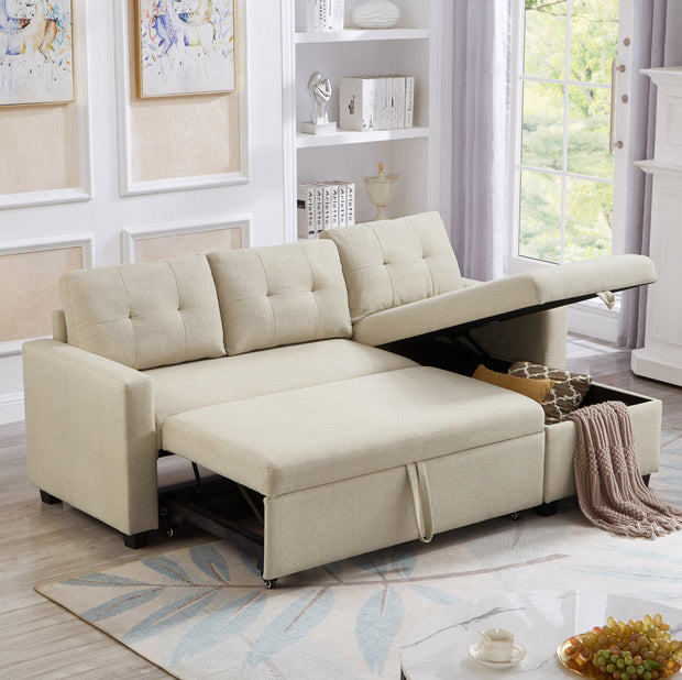 Convertible Sleeper Sectional Sofa with Storage Chaise, Beige