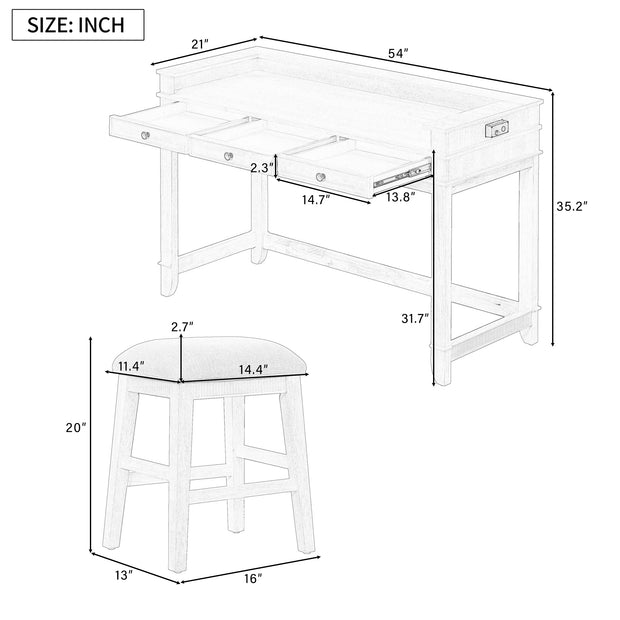 4-piece Dining Bar Set with 3 Upholstered Stools, Multifunctional Dining Table with 3 Drawers (Gray)