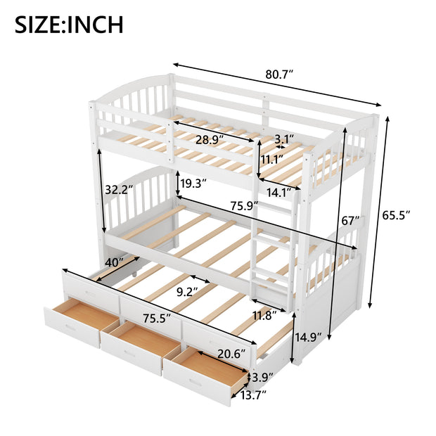 Twin over Twin Wood Bunk Bed with Trundle and Drawers,White