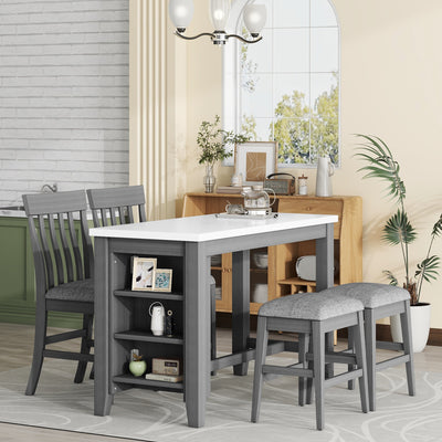 5-piece Counter Height Dining Table Set with Built-in Storage Shelves,Grey