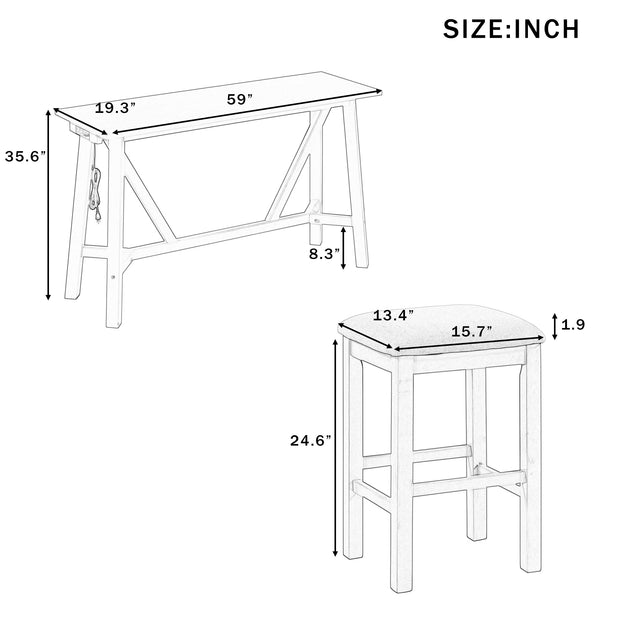 Dining/Bar Set with 3 Upholstered Stools Power Strip, USB PortGray)