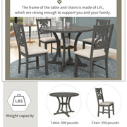 5-Piece Round Dining Set with Special-shaped Legs and an Exquisitely Designed Hollow Chair Back (Gray)