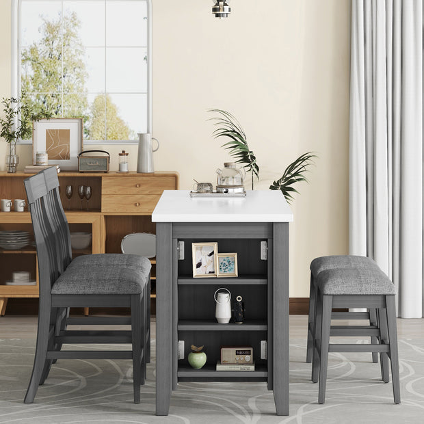 5-piece Counter Height Dining Table Set with Built-in Storage Shelves,Grey