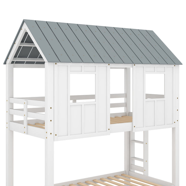 House Bunk Bed with Trundle,Roof and Windows,White