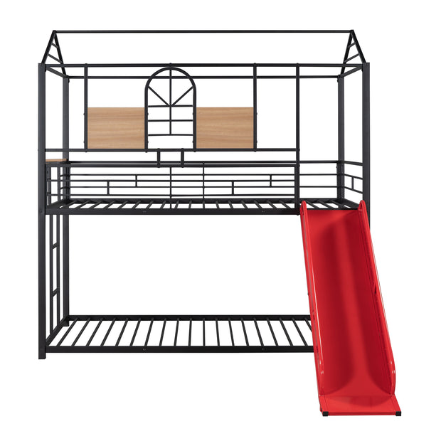 Twin Over Twin Metal Bunk Bed , House With Slide,Three Colors Available.(Black with Red Slide