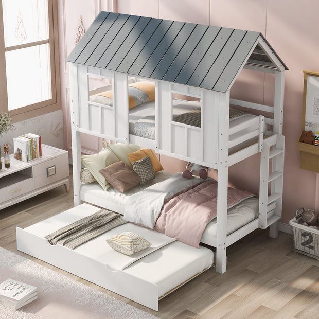 House Bunk Bed with Trundle,Roof and Windows,White