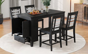 5 Piece Counter Height Dining Set with Faux Marble Tabletop, Solid Wood Table Set with Storage Cabinet and Drawer, Black