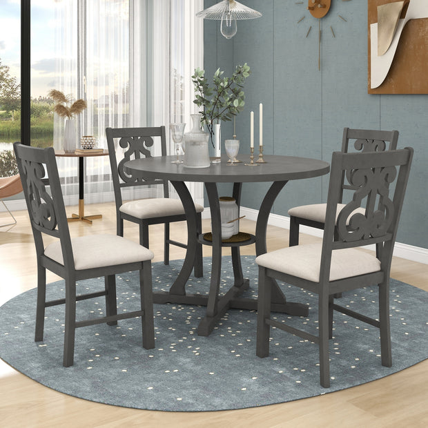 5-Piece Round Dining Set with Special-shaped Legs and an Exquisitely Designed Hollow Chair Back (Gray)