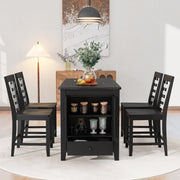 5 Piece Counter Height Dining Set with Faux Marble Tabletop, Solid Wood Table Set with Storage Cabinet and Drawer, Black