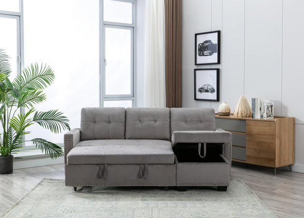 77 Inch Reversible Sleeper Sectional with Storage Chaise, Light Grey