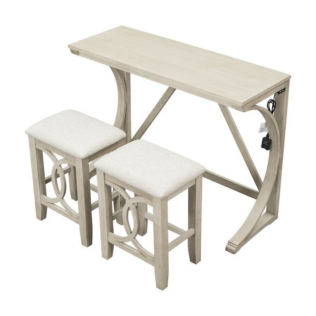 Farmhouse 3-Piece Counter Height Dining/Bar Set with USB Port and Upholstered Stools,Cream