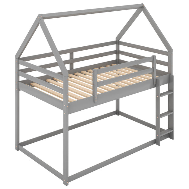 Twin over Twin Low Bunk Bed, House Bed with Ladder