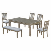 6-Piece Retro 72'L Wood Dining Set with 4 Drawers , 4 Upholstered Chairs & 1 Bench (Grey)